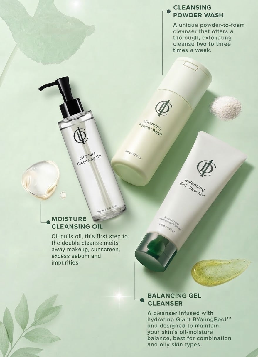 Double Cleanse Balancing Gel Cleanser Trio: Moisture Cleansing Oil, Cleansing Powder Wash, Balancing Gel Cleanser